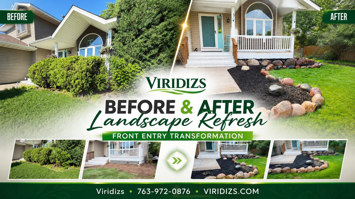 Full landscape installation with curved mulch beds, edging, shrubs and rock accents