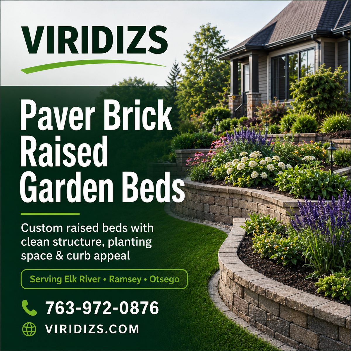 Custom paver brick raised garden beds with clean structure and plantings