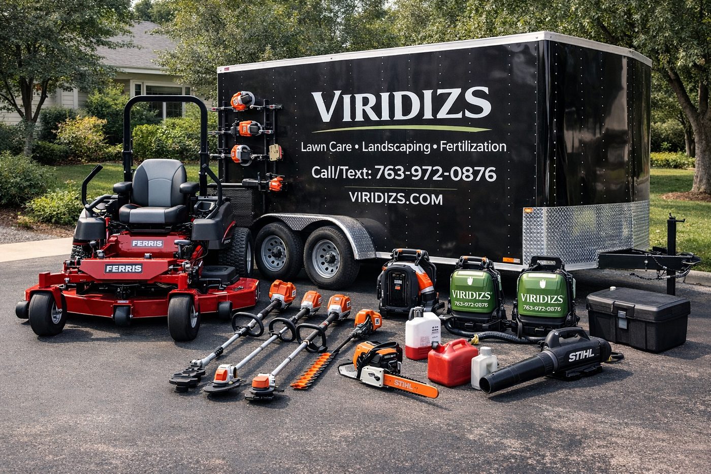 Full Viridizs equipment lineup — Ferris zero-turn, STIHL tools, branded trailer, fertilizer sprayers laid out professionally