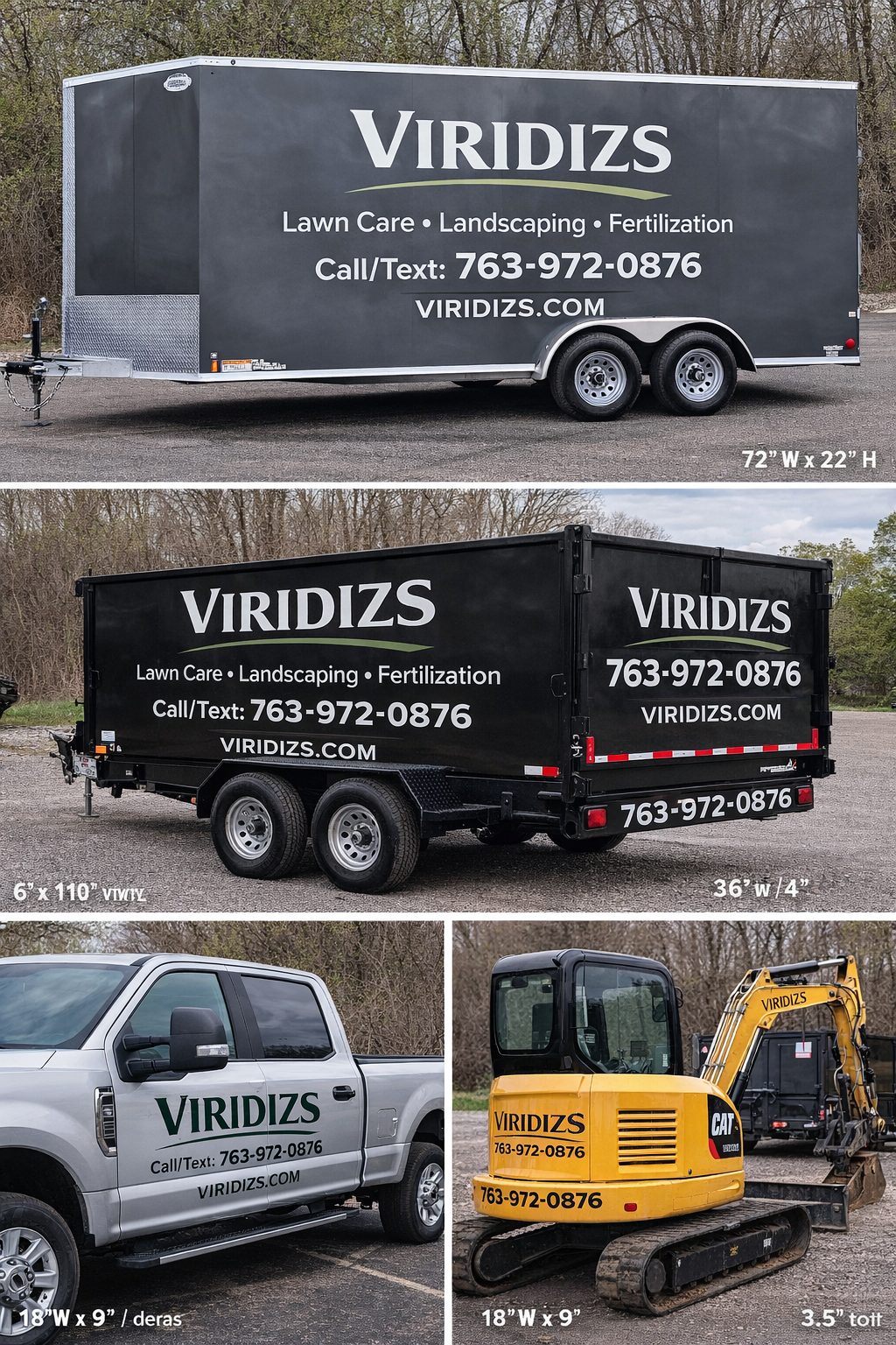 Viridizs fleet vehicle wraps — enclosed trailer, dump trailer, truck and CAT excavator with branded graphics