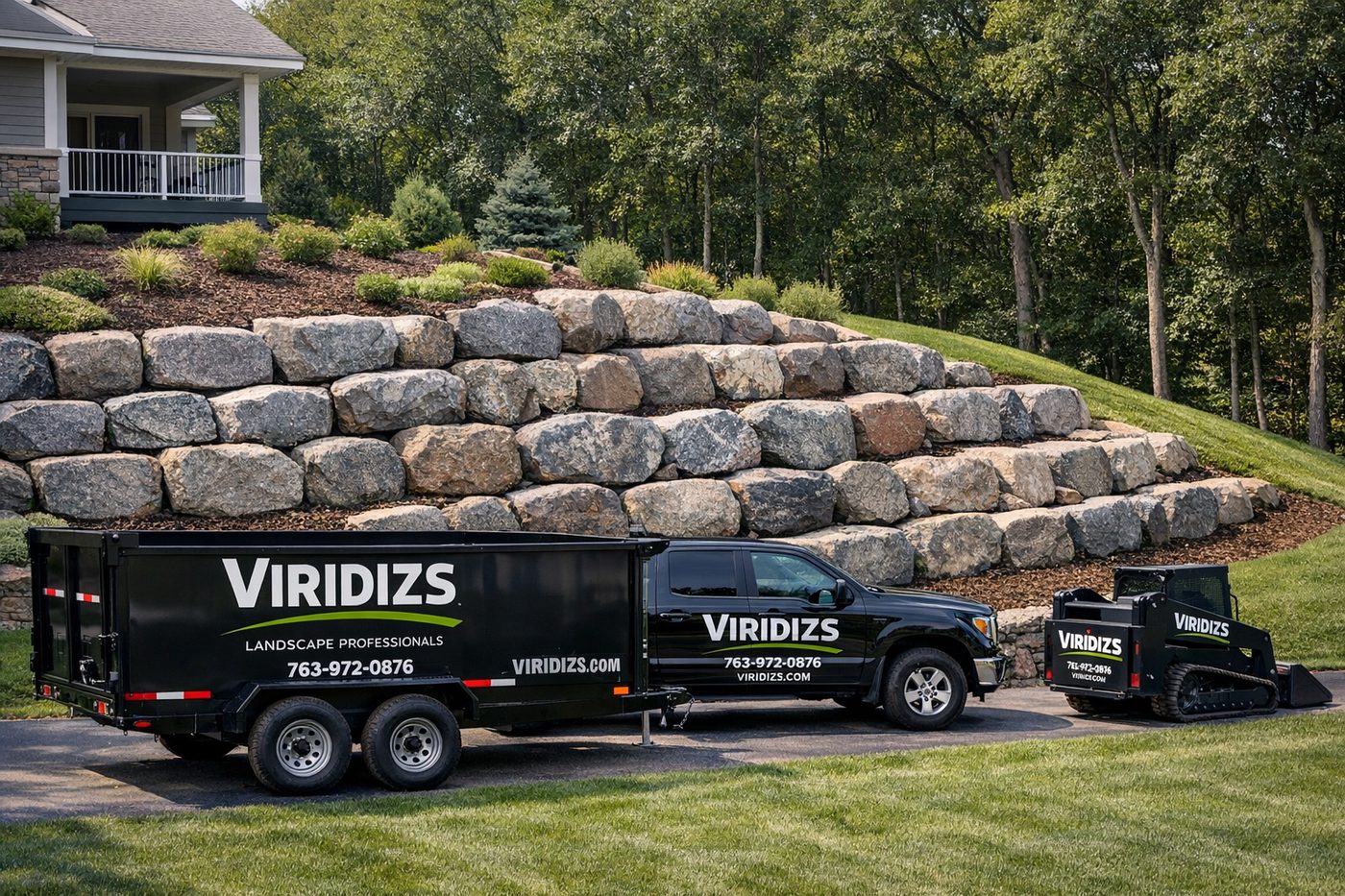 Perfectly striped lawn with Viridizs branded trailer in driveway — Elk River, MN