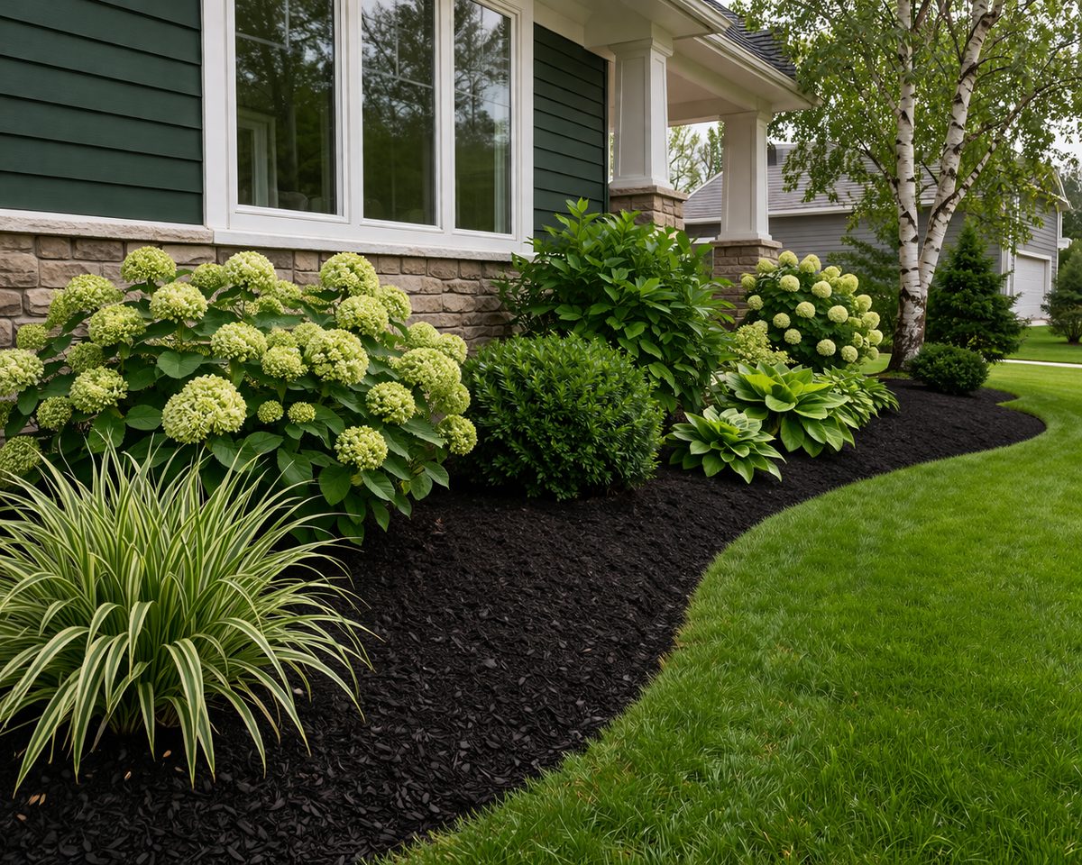 Fresh black mulch landscape bed with hydrangeas — Minnesota residential property by Viridizs
