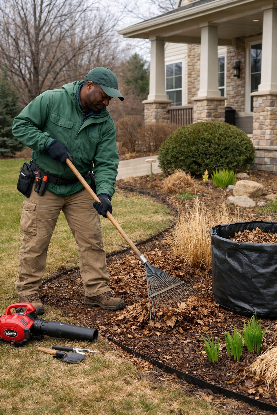 Viridizs crew member in green uniform performing spring cleanup — raking landscape beds at a Minnesota home